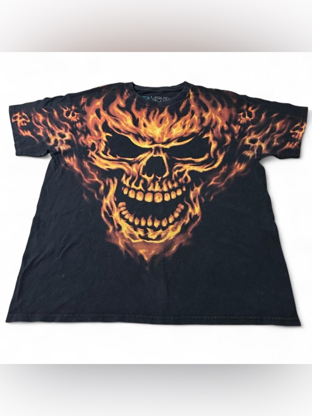 Liquid Blue Flame Skull Grunge All Over Print Shirt Size Large